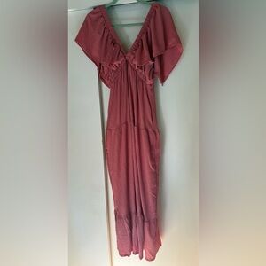 Pink Maxi Dress V-Neck Scoop Back Ruffle Sleeves NWOT